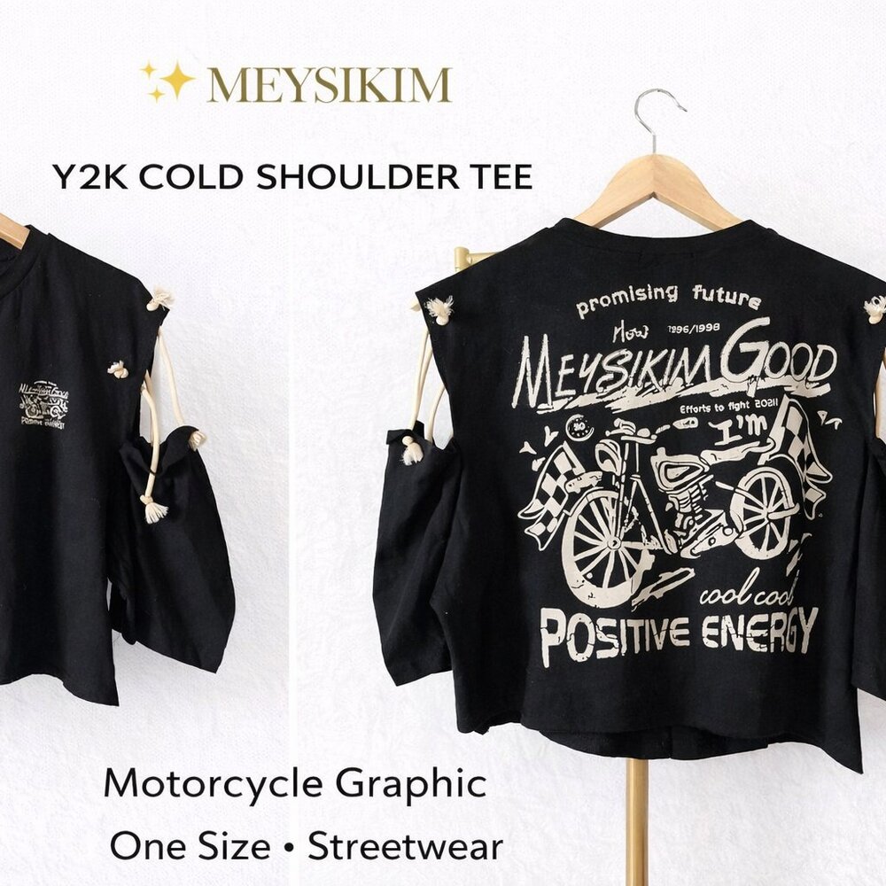 MeysiKim Cold Shoulder Graphic Tee  Black /One Size /Y2K - Picture 2 of 7